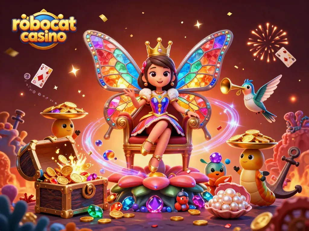 Experience the thrill of robocat casino with vibrant characters and dynamic gaming elements in a richly detailed 3D illustration.