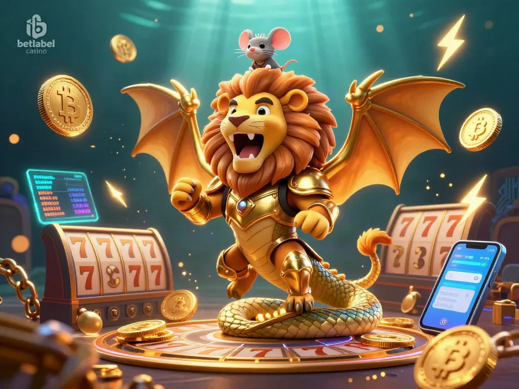 Betlabel casino showcases a vibrant 3D chimera and mouse jockey amidst slot reels and glowing crypto coins.