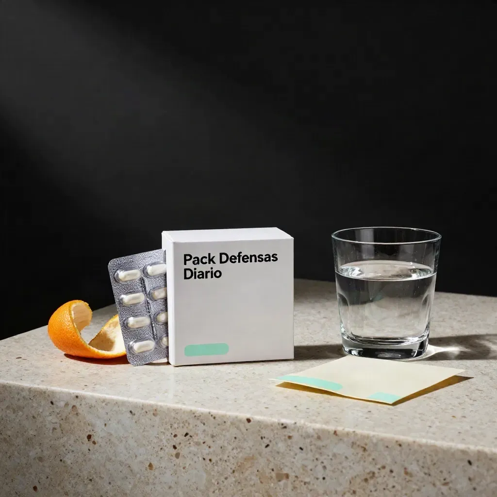 Suplementos, blísteres y vaso de agua sobre piedra clara con luz dramática.