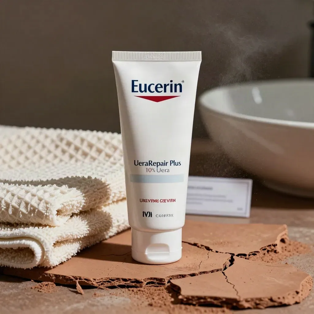Tubo de crema para piel muy seca junto a arcilla agrietada, toalla y cuenco cerámico