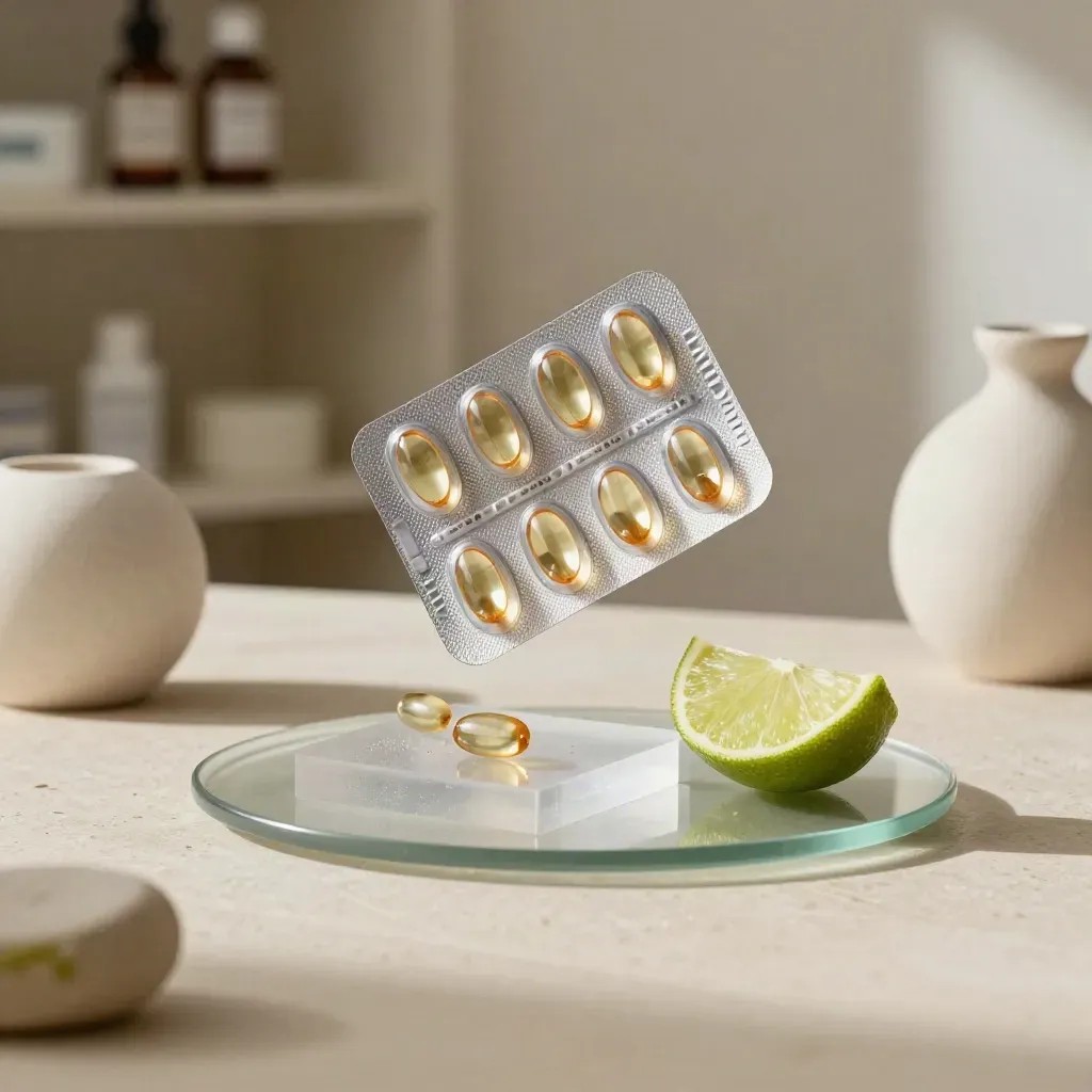Blíster de vitamina D3 con cápsulas ámbar sobre acrílico esmerilado y cáscara de lima.