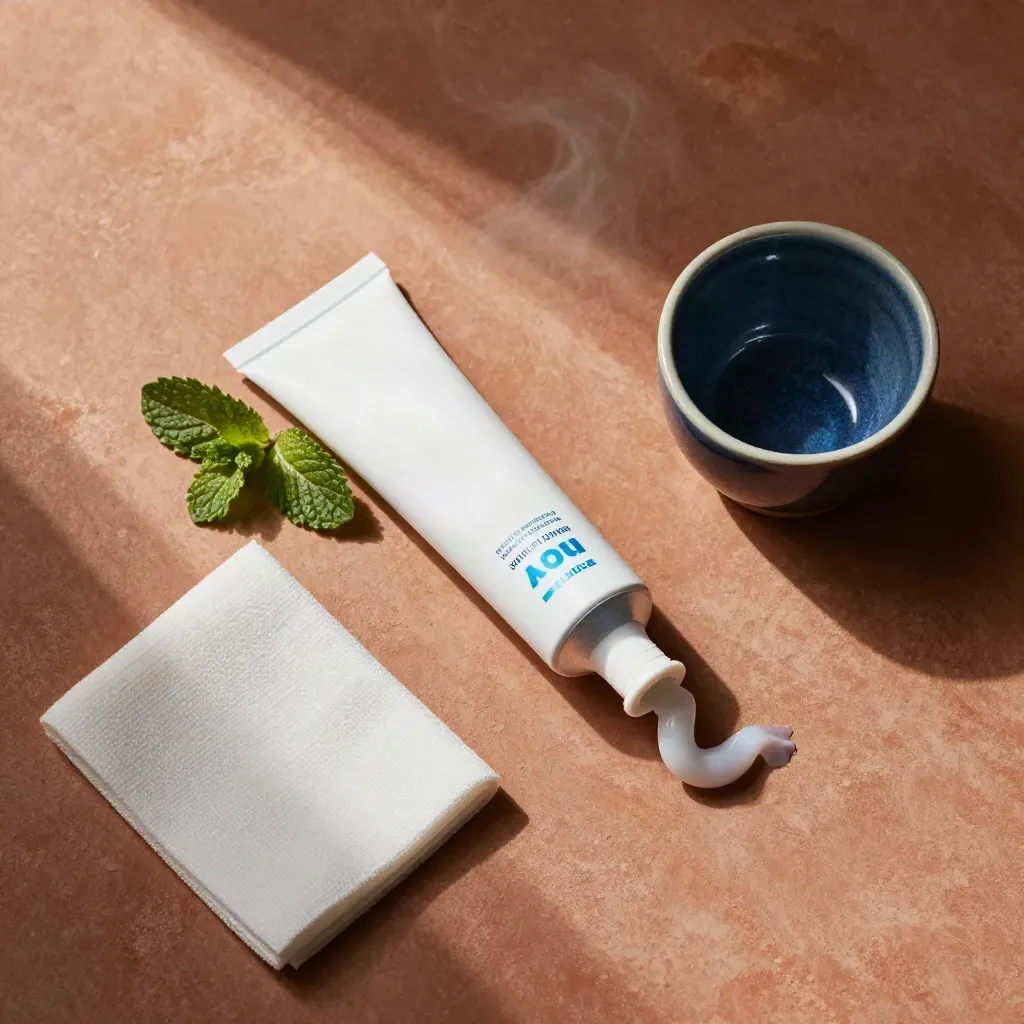 Dentífrico unbranded con menta, gasa y taza de porcelana sobre arcilla terracota.