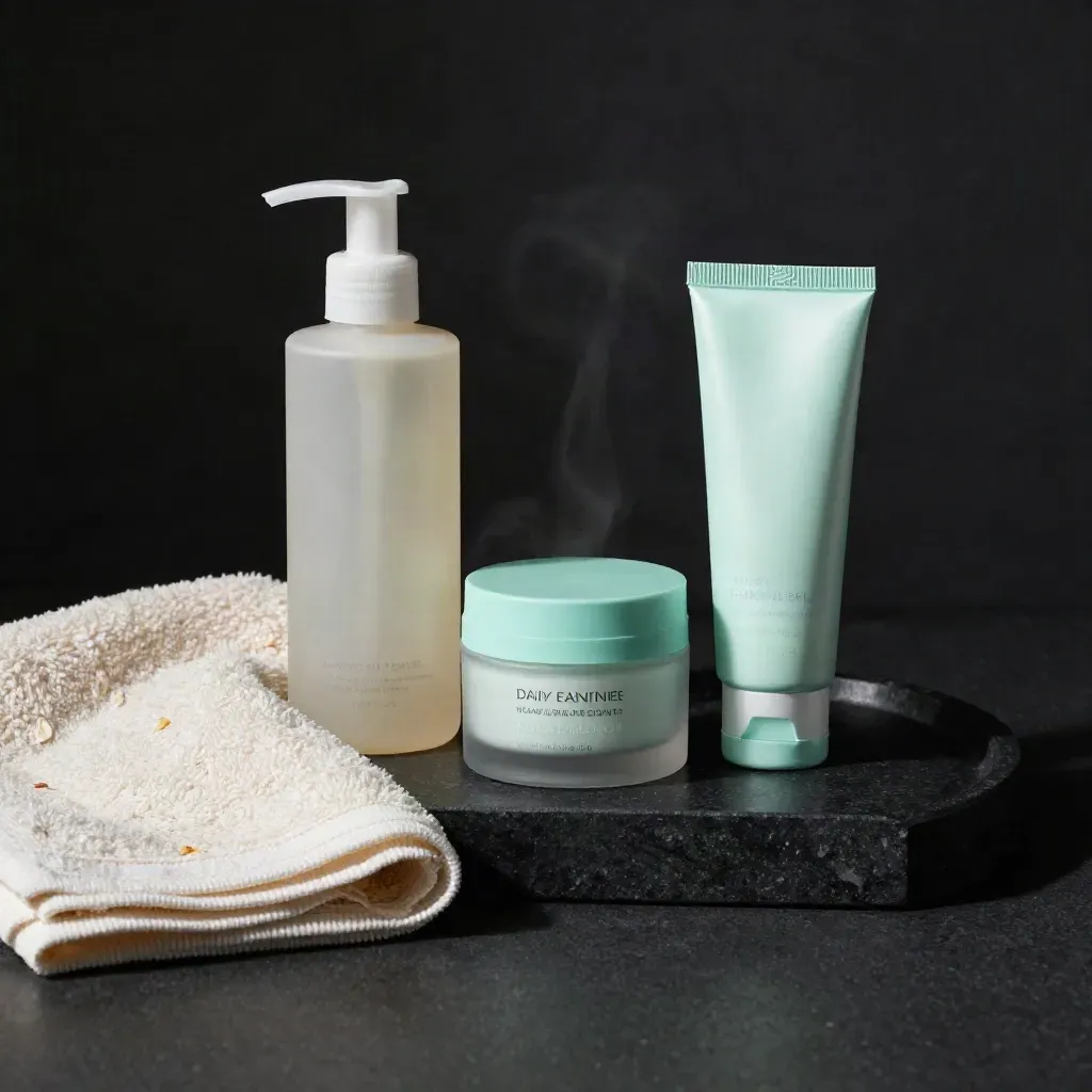 Pack de rutina para piel sensible con limpiador, crema, SPF, toalla y bandeja de piedra.