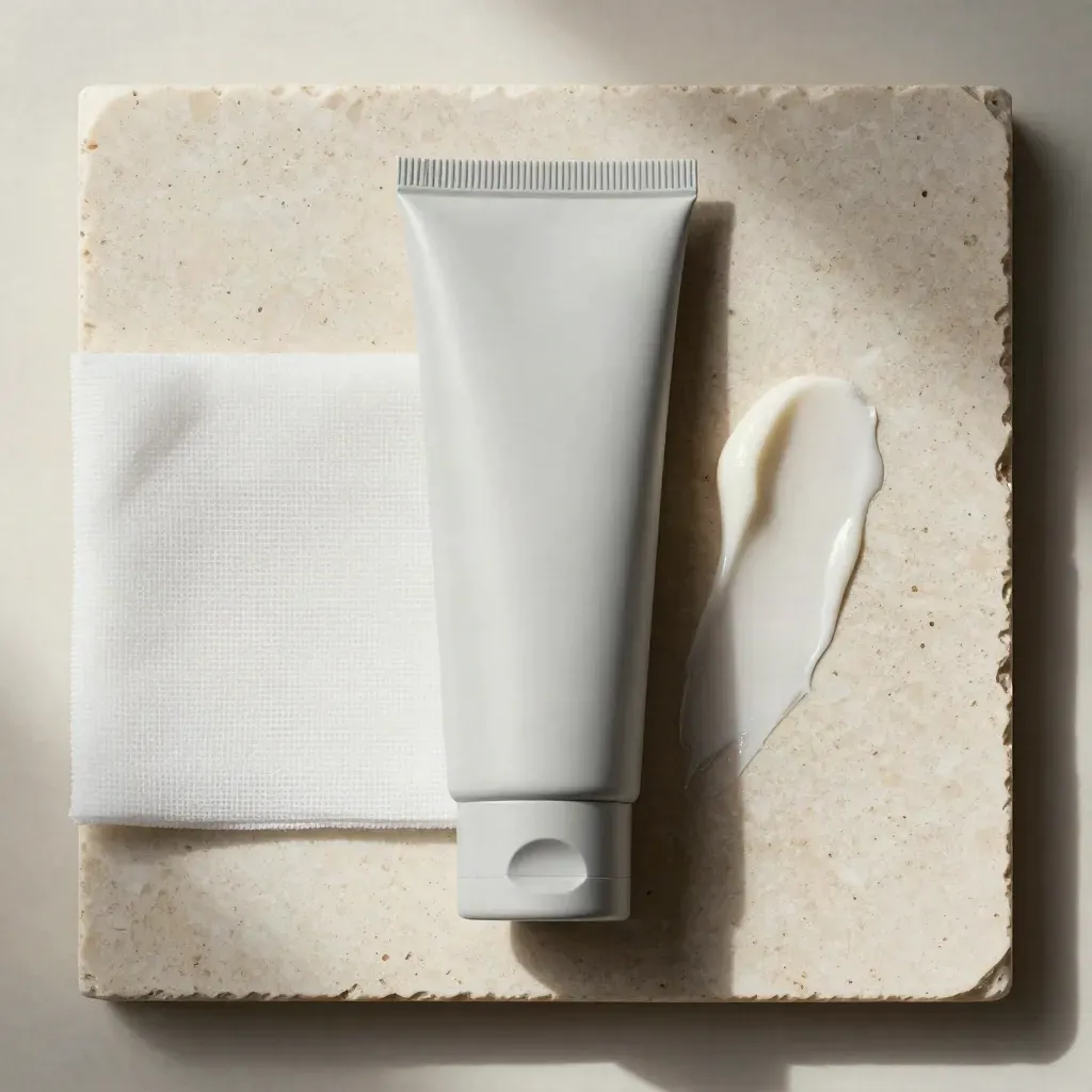Vista cenital de una crema reparadora, gasa y una mancha de crema sobre piedra clara.