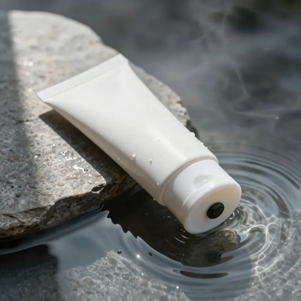 Tubo solar blanco sobre agua y piedra mojada con niebla y reflejos azul petróleo.