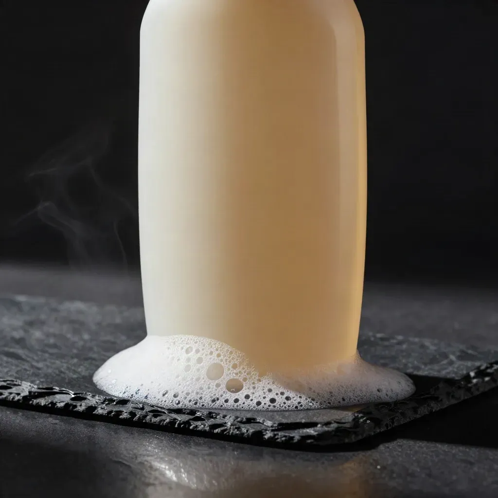 Botella de gel de baño sobre pizarra mojada con espuma, toalla y luz dramática en estudio.