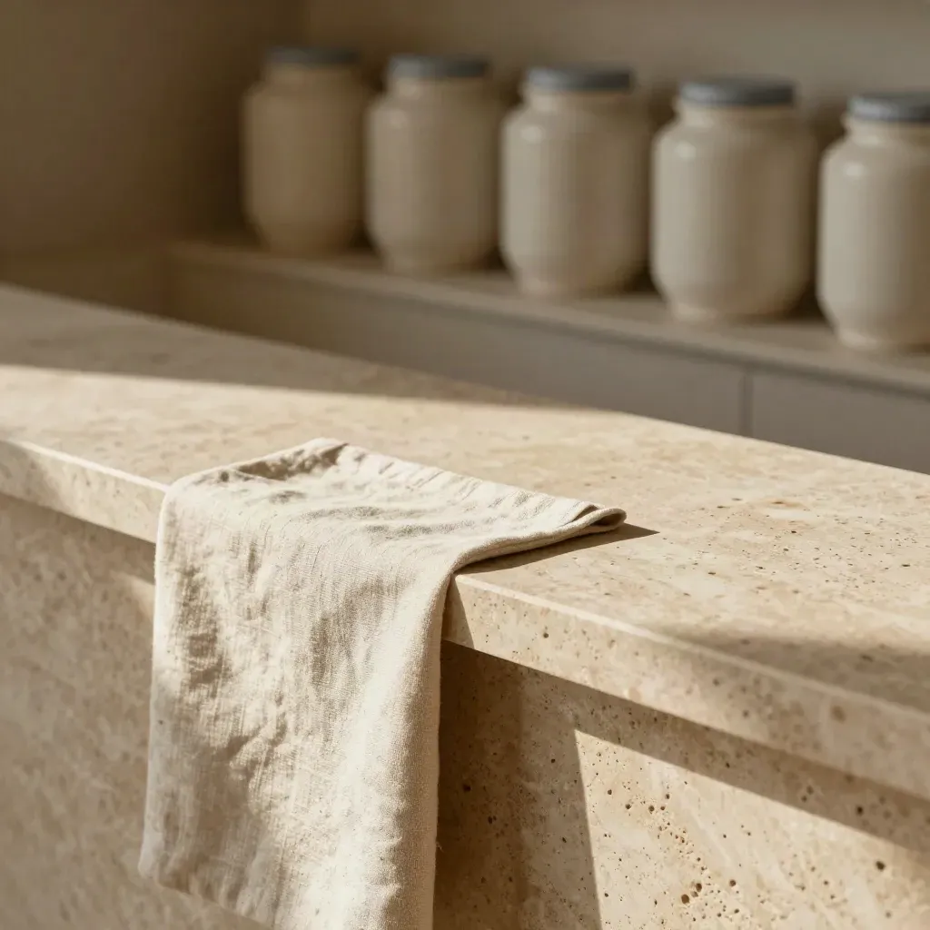 Mostrador de travertino con tarros cerámicos desenfocados y una banda de lino.