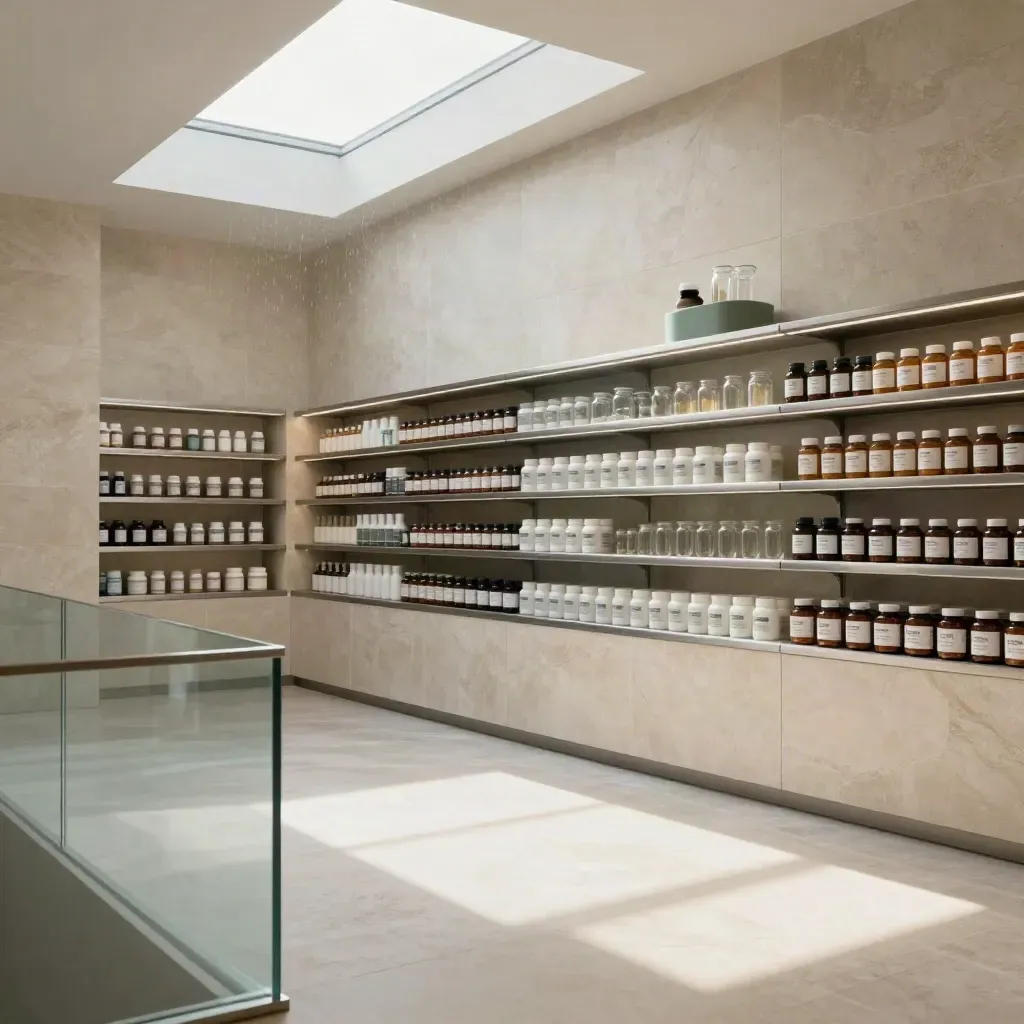 Pasillo moderno de vitaminas con luz de tragaluz y estanterías de vidrio en piedra clara.