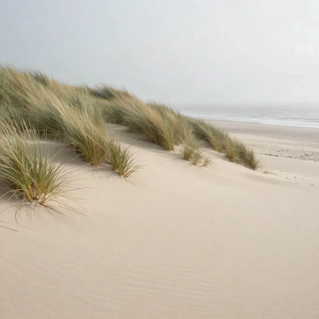Dunas costeras suaves con hierba salina y mar en calma bajo niebla marina