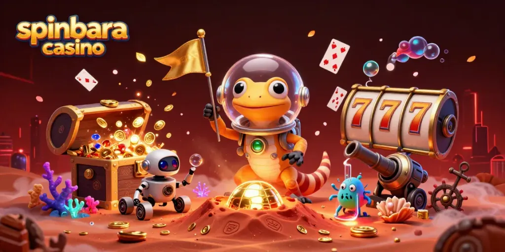Experience excitement at spinbara casino with vibrant gaming elements in a dynamic Martian scene.